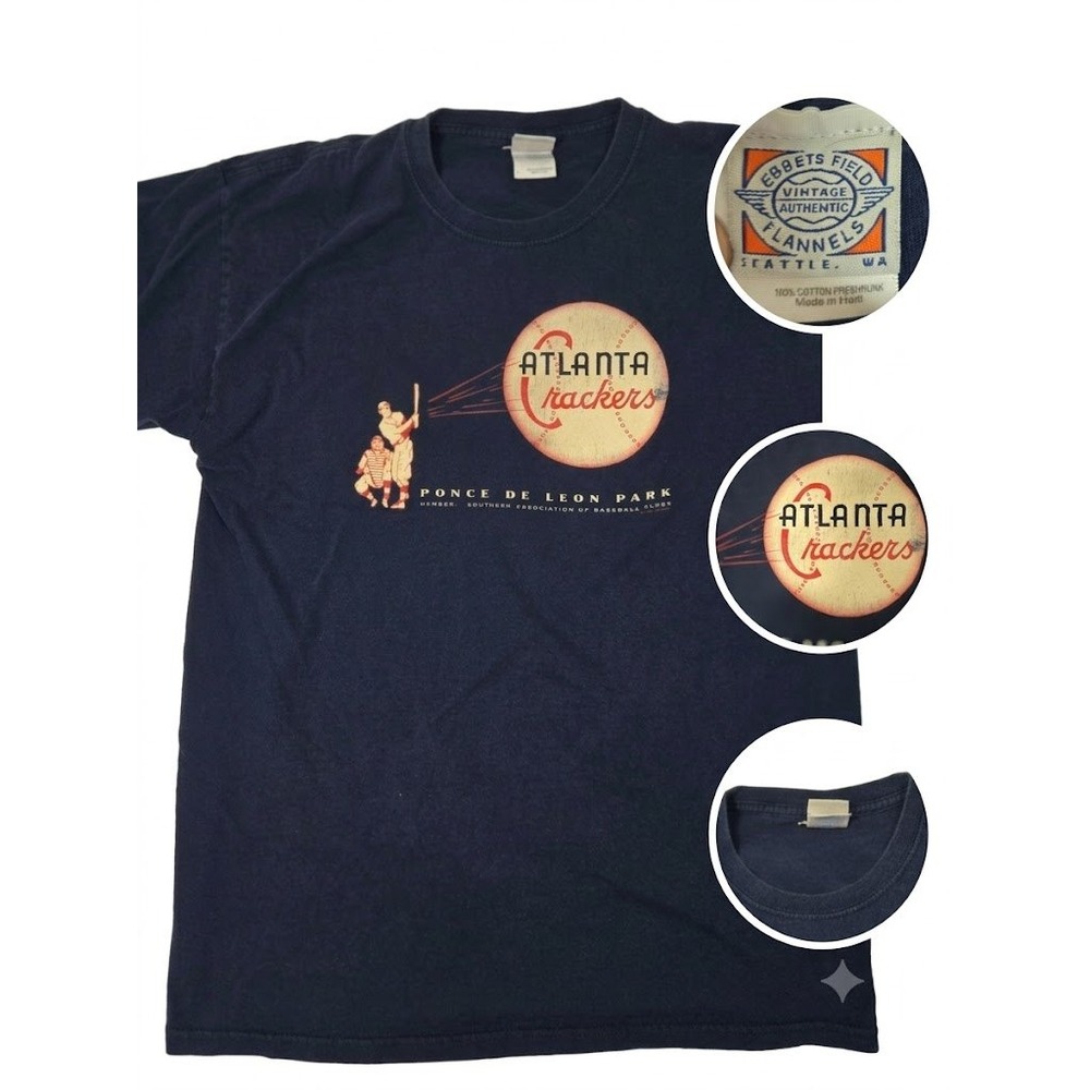 Ebbets Field Flannels Atlanta Crackers T-Shirt Mens LG Navy Blue Good Baseball